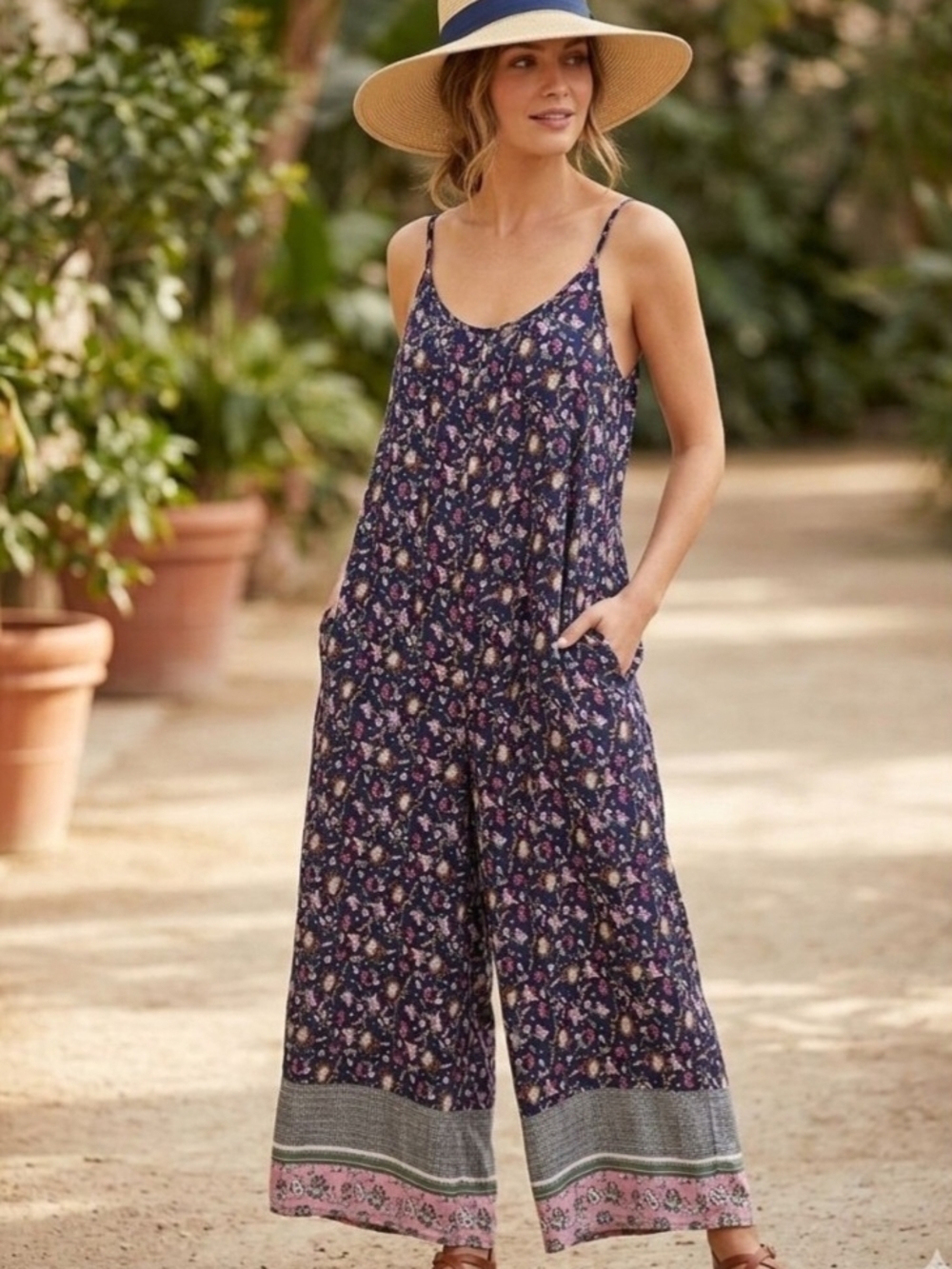 Buenos Ninos Women’s Navy Floral Wide-Leg Jumpsuit with Border Trim. Size M